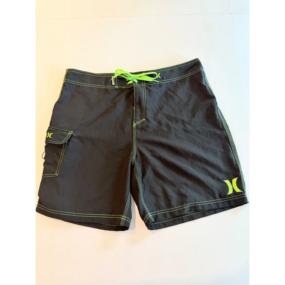 Hurley Mens Board Shorts Black Neon Green Contrast Stitch Cargo Pocket Swim 36